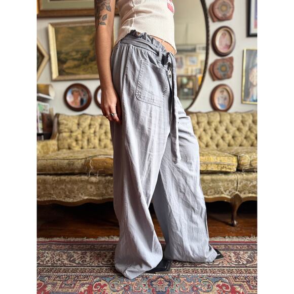 Slouch Gray Linen Wide Leg Casual Pants w Drawstring Ladies Size S/M - Picture 4 of 8